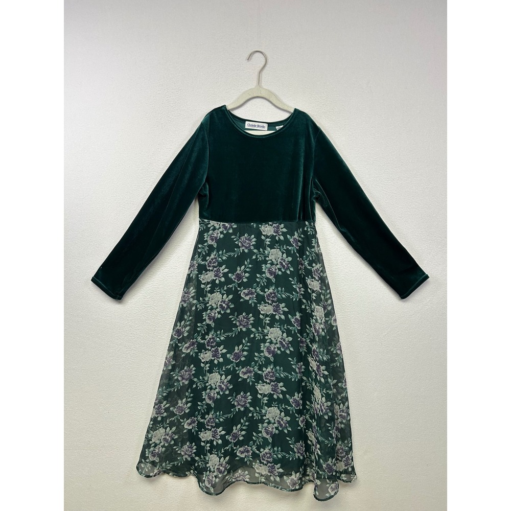 Whimsigoth Christie Brooks Girls M 10-12 Green Velvet Floral Chiffon‎ Maxi Dress